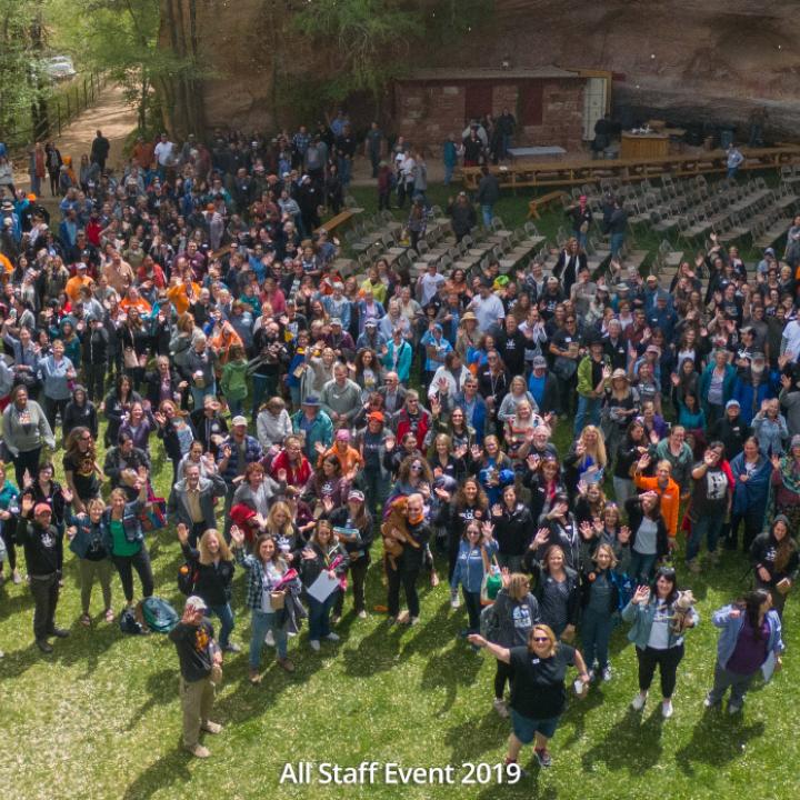 Overhead drone image of staff