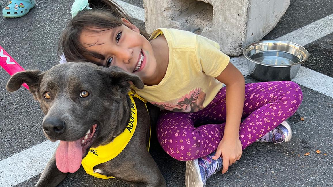 Child smiling and head leaning into happy looking dog