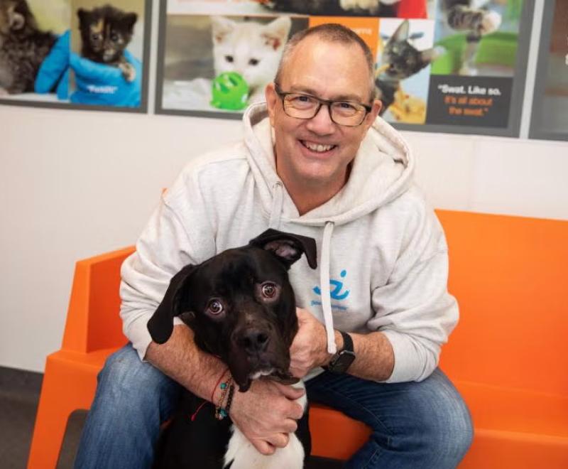 Person on an orange couch with a black and white dog in front of him