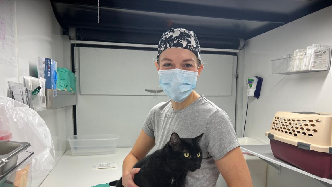 Dr. Lisa Williams with a feline patient in the mobile spay/neuter trailer