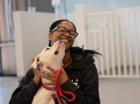 Smiling person getting kissed on the face by a dog